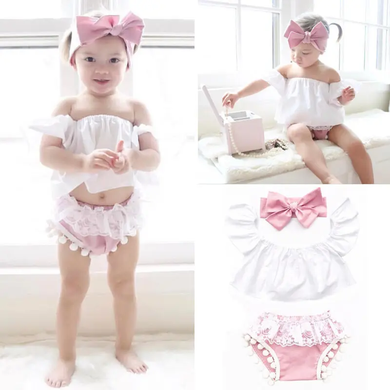 Pudcoco Girl Set 0-24M Baby Girls Ruffle Tops+Lace Shorts+Headband 3Pcs Outfits Set Clothes SU