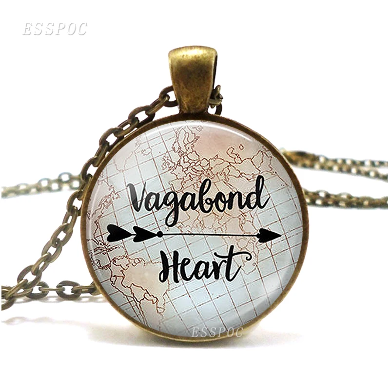 

Vagabond Heart Necklace Traveler's Quote Vagabond Gypsy Jewelry, Retro Style Glass Jewelry Accessories Gift for Traveler