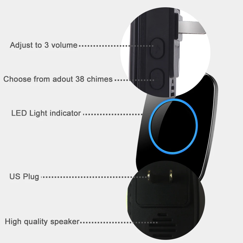 Cacazi Smart Wireless Doorbell Waterproof Remote 300M Led Intelligent Battery Button Calling Door Bell 38 Chime 3 Volume | Безопасность
