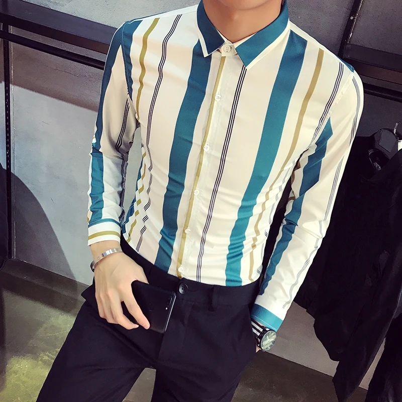 Высокое качество Весна новая рубашка мужская 2019 Slim Fit полосатый Смокинг Рубашка с