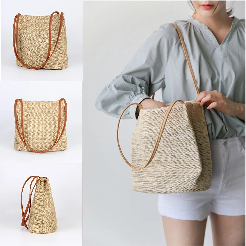 

2019 New Fashion Versatile Shoulder Bags Solid Casual No Zipper Straw Bag Summer Weaving Bucket Beach Soft Handbag Hot Sale