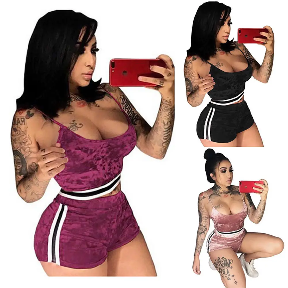 

2019 new Sexy Women 2 Pieces Bodycon Striped Crop Top Shorts Summer casual female sleeveless solid camis Set outfits clothes