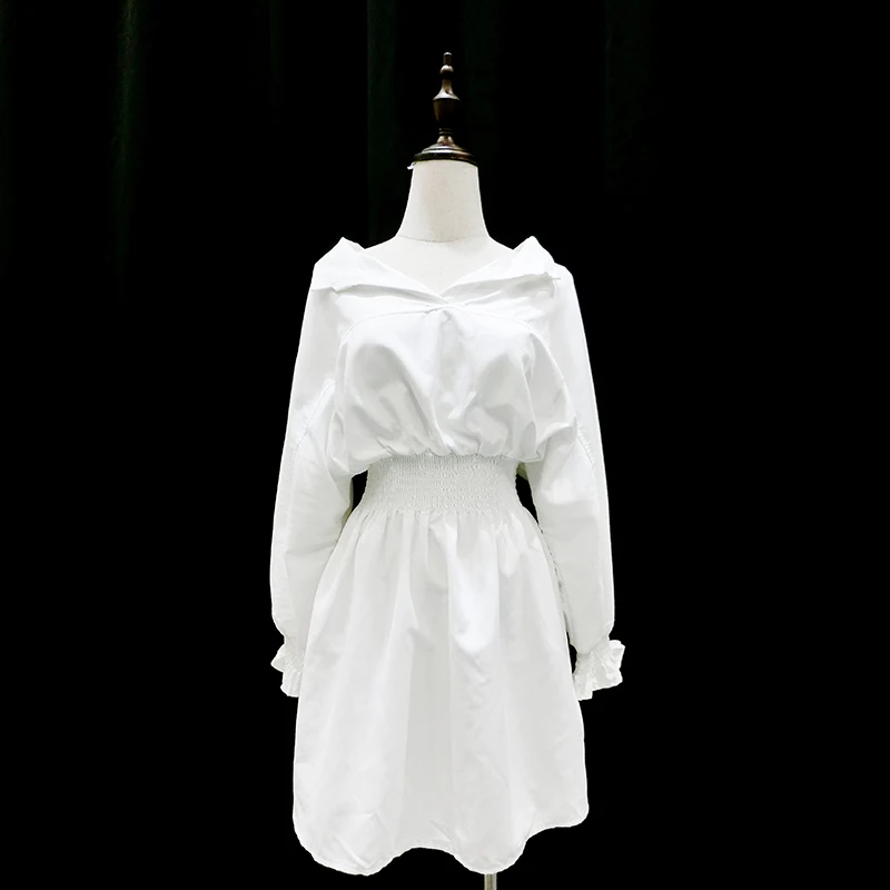 DEAT 2020 new turn-down collar full sleeves high waist A-line knee-length dress puff korean girl's clothing female WD69800 | Женская