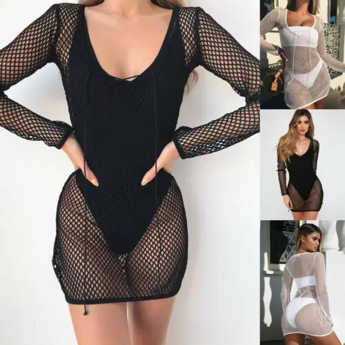 

2019 Women New Sexy Fishnet Mesh Bikini Cover Up Bathing Summer Beach Dress Swimwear Suit