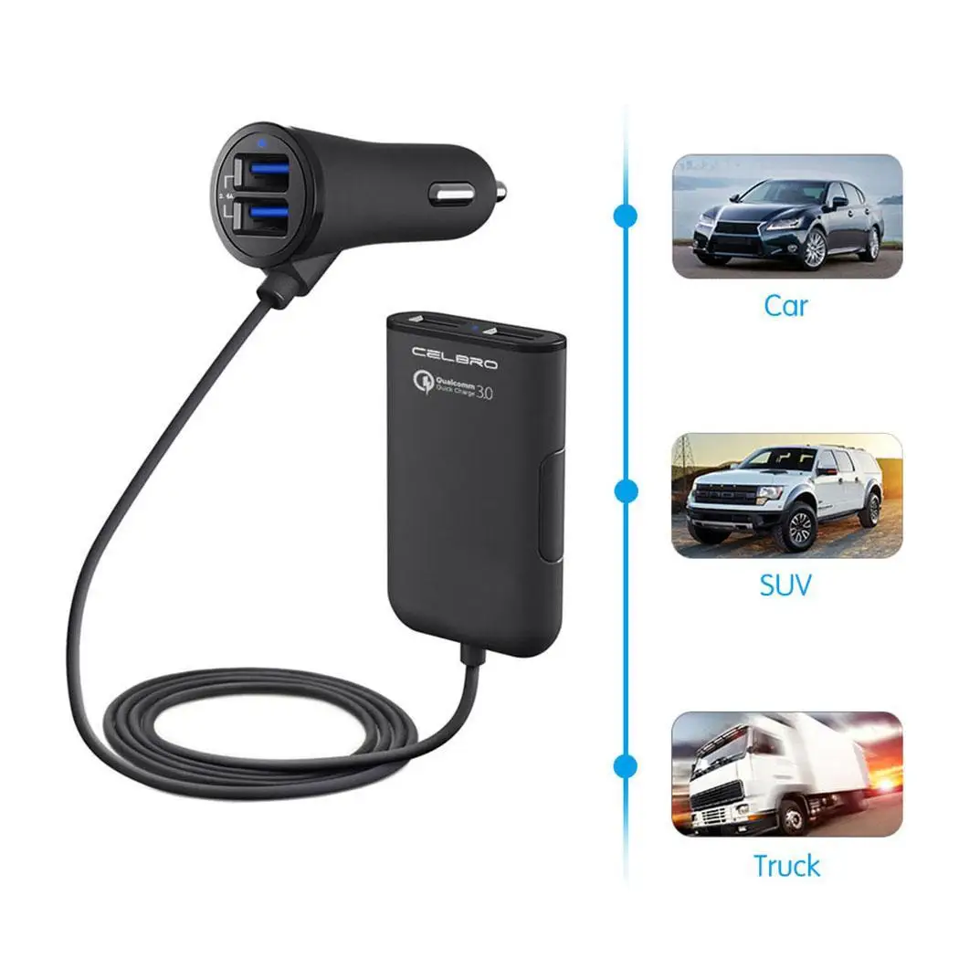 4 порта USB Автомобильное зарядное устройство с кабелем заднего сиденья Быстрая