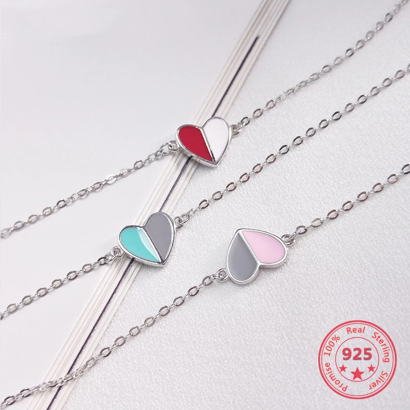 

Korea New Style 925 Sterling Silver for Women Simple Fashion Chic Colorful Heart Chain Bracelets Jewelry