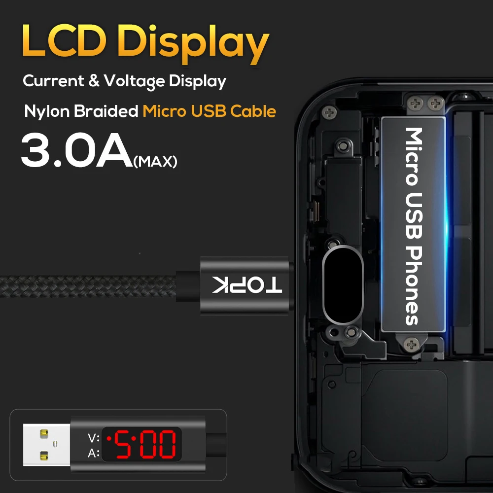 TOPK 1 м Micro USB кабель для зарядки данных светодиодный цифровой дисплей напряжения и тока нейлоновый Плетеный USB кабель зарядное устройство для samsung Xiaomi
