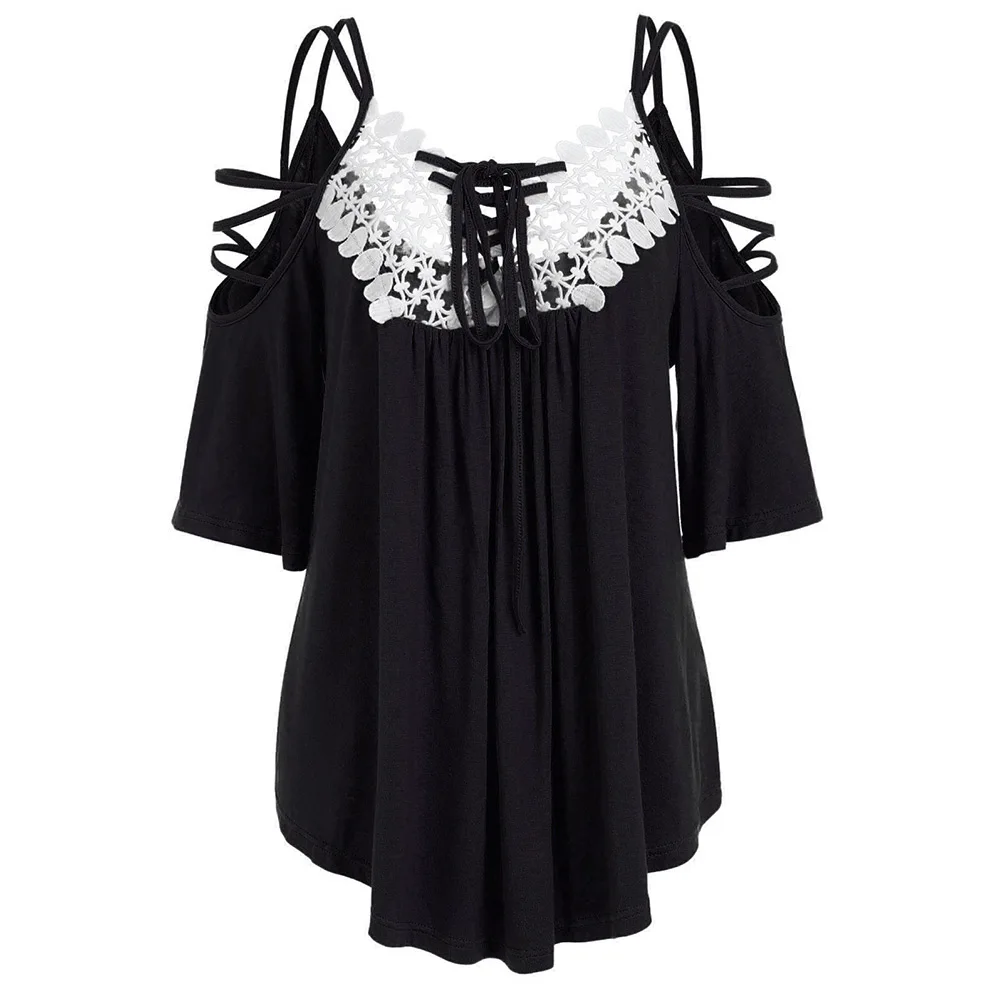 Wipalo Plus Size Cutwork Cold Shoulder Strappy T-Shirt Women Top Summer Casual T Shirt Spaghetti Strap 3/4 Sleeve Ladies Tops | Женская