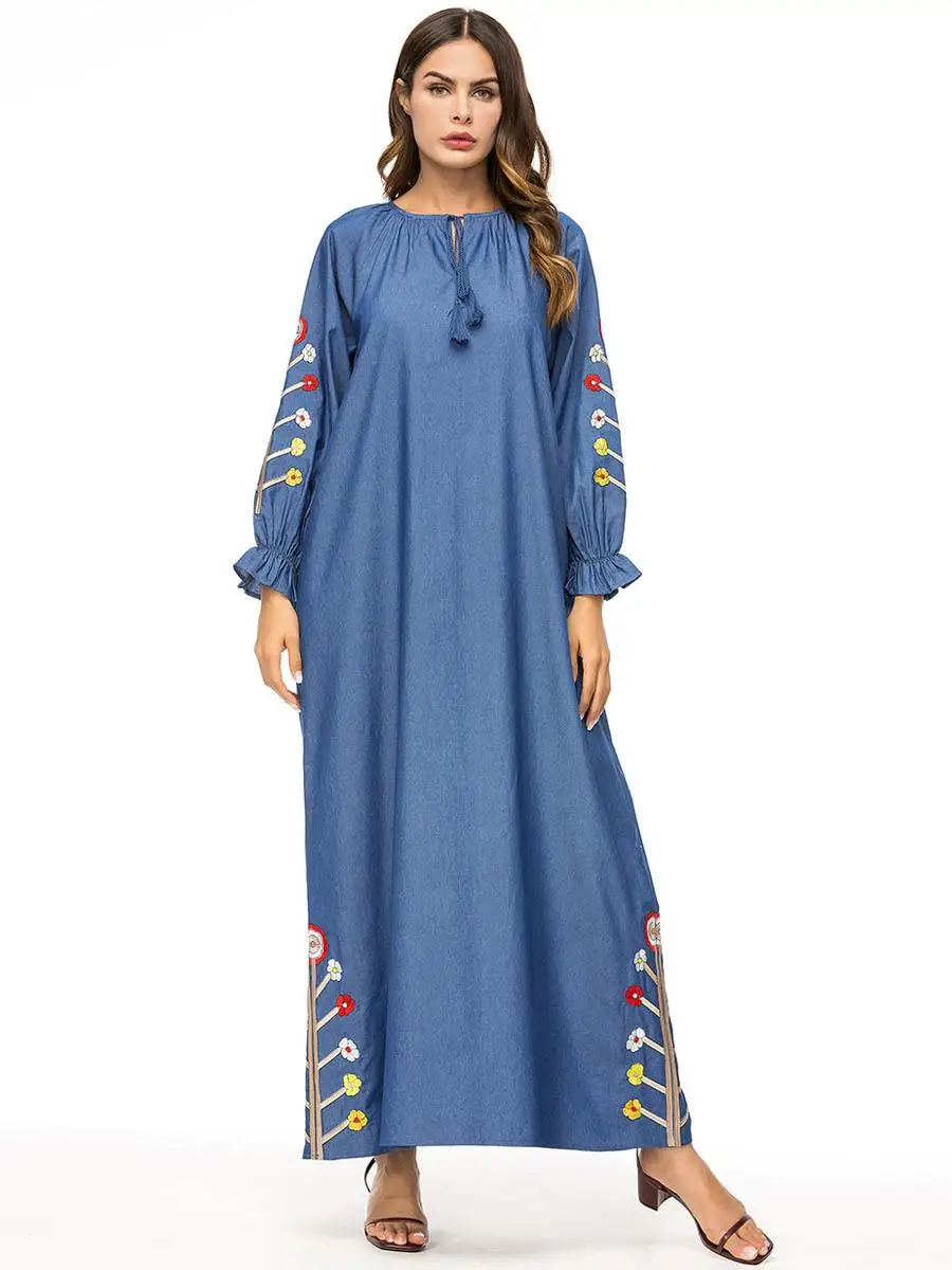 Женские мусульманские длинные платья джинсовые свободные Абая вышивка jilbaw