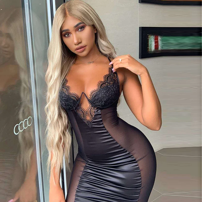 

Colysmo Sexy Cut Out Summer Dress Women Elegant Knee-length Party Club Lace Dress Satin Stitching Mesh Perspective Back Dress