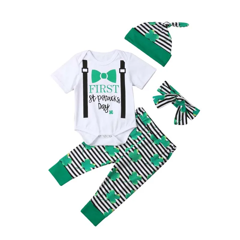 2019 Brand 4Pcs Newborn Baby Boy Clothes Cute Cotton Short Sleeve Top Bodysuit Long Stripe Pants Hat Headband Outfit Set 0-24M |