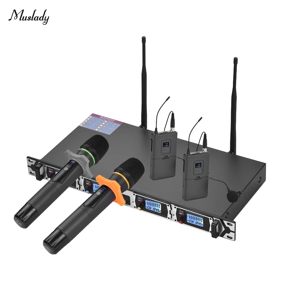 

Muslady D4-3 Профессиональный 4-канальный UHF Беспроводной микрофон Системы включает в себя 2 Нагрудные Микрофоны с поясной передатчики
