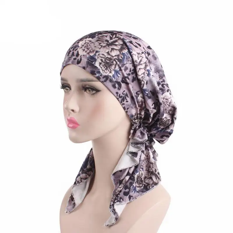 Женский эластичный хиджаб Бандана тюрбан цветочный принт длинный хвост шарф