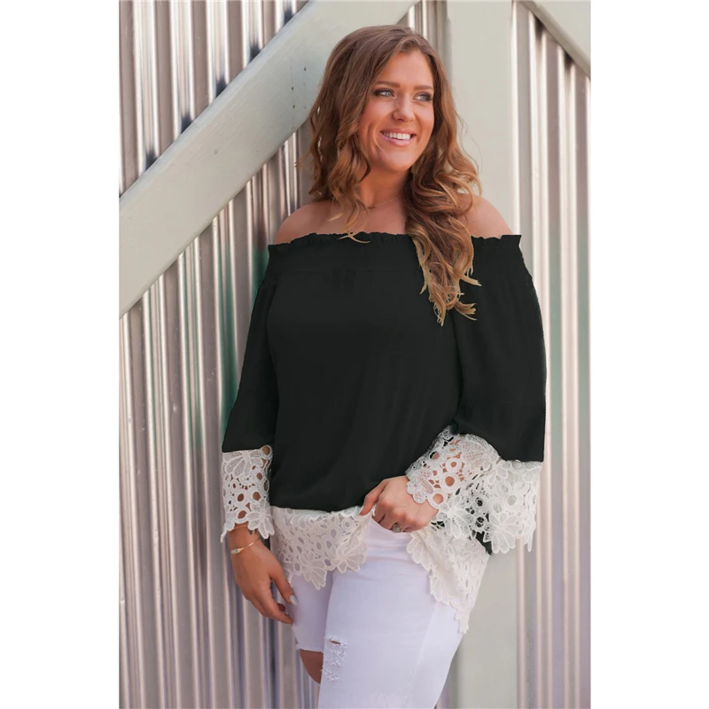 New fashion women summer off shoulder long flare sleeve shirt ladies casual lace floral blouse loose tops | Женская одежда