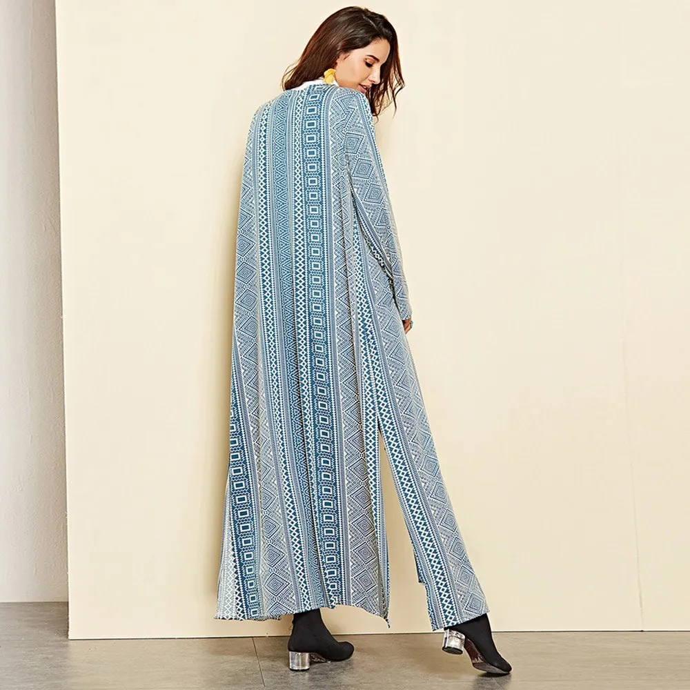 Длинное пальто кардиган Для женщин Разделение Свободные Boho модный принт верхняя