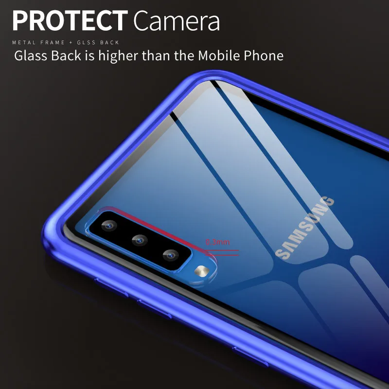 For Samsung Galaxy A7 2018 A750 Case Ultra Metal Frame Bumper with Clear Tempered Glass Back Cover Hard for |
