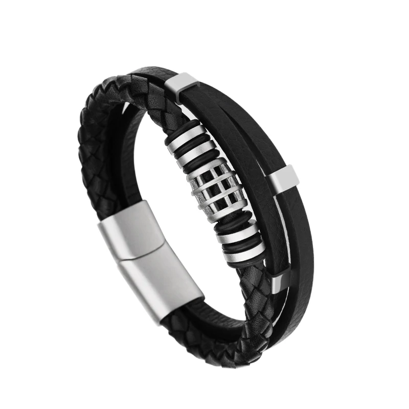 

2021 Black Tones Multilayer Leather Women Men Bangle Bracelet Cuff Wristband with Magnetic Clasp 20cm, Engraving, Free shipping