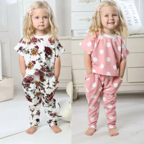 Toddler Baby Boys Girl Floral/Dot Short Sleeve Tops+Pants Outfit Set Clothes | Детская одежда и обувь
