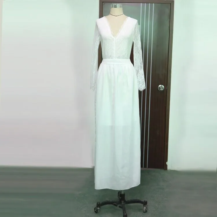 Sexy Wedding Dress Boho Long Sleeves Backless White Beach Dresses Appliques Lace V Neck Cheap Princess Bride | Свадьбы и торжества