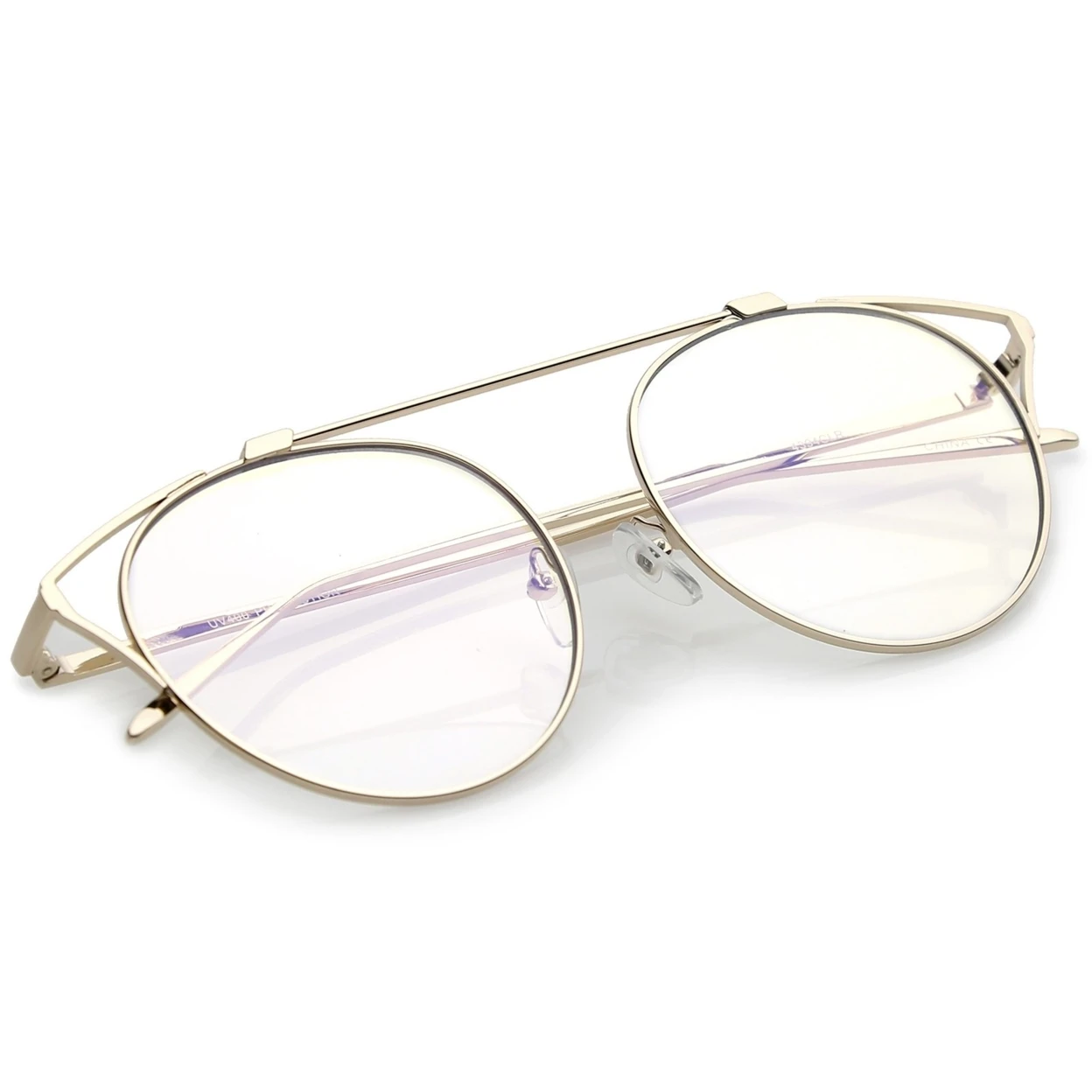 Oversize Open Metal Cat Eye Glasses With Crossbar And Round Clear Flat Lens 55mm |