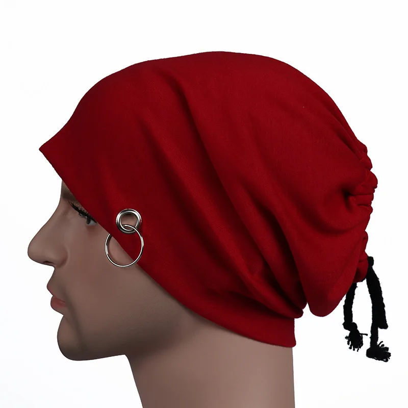 

Hot European and American fashion iron ring head cap monochrome scarf hip hop Unisex hats pile caps Casual ponytail beanie