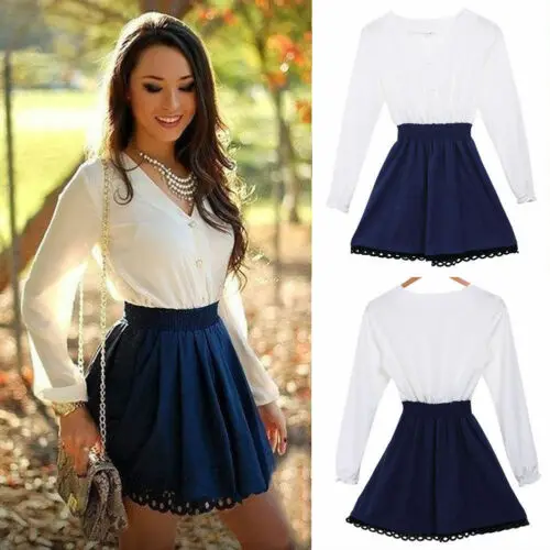 

2019 Fashion Women Summer Cotton Long Sleeve Party Evening Club Wear Short Mini Dress V-neck Casual Dress