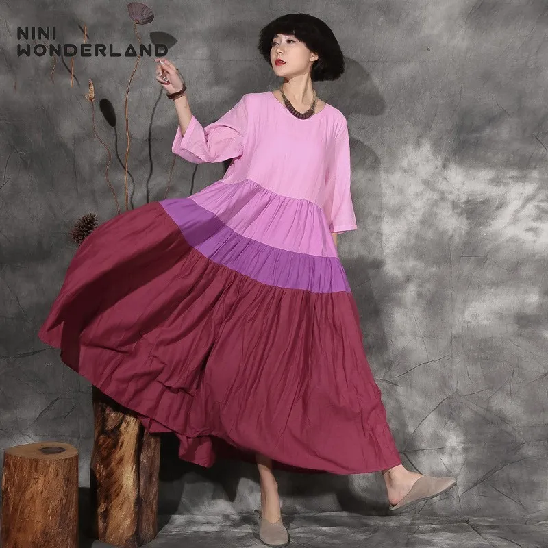NINI WONDERLAND 2018 весна лето лоскутное хлопковое льняное Модное Длинное Платье с