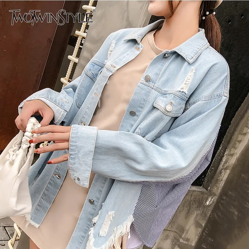 TWOTWINSTYLE рваные с дырками джинсовые пальто женские лацканы длинным рукавом