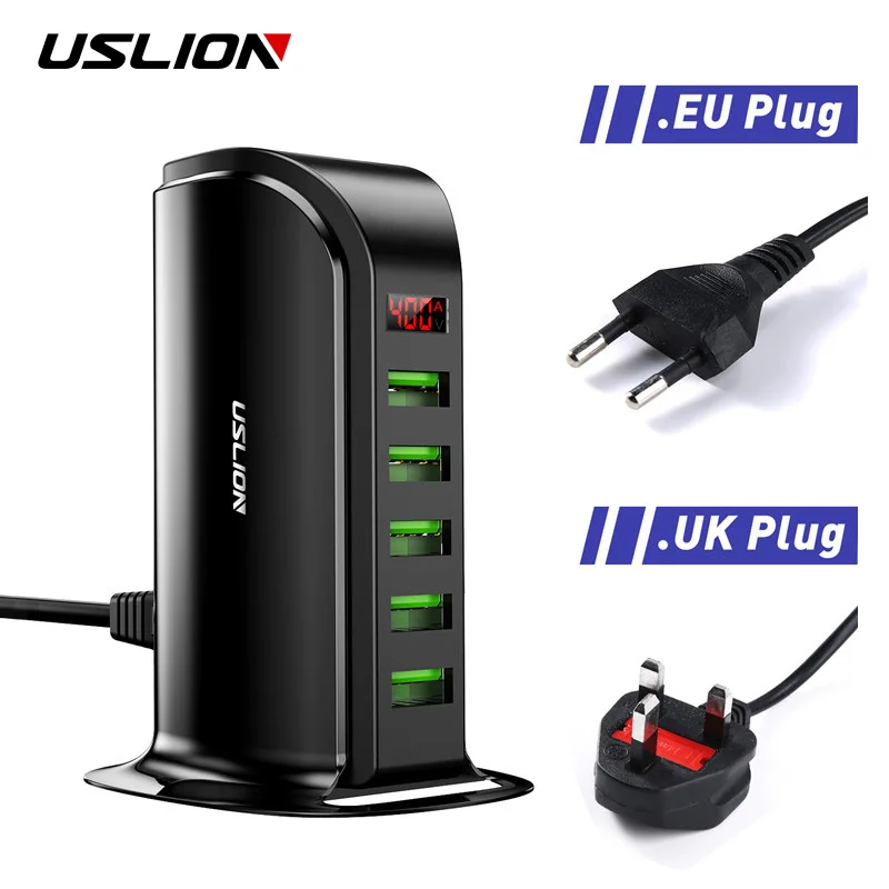 USLION 5 Multi Port USB Charger Hub For Mobile Phone EU UK US Plug LED Display USB Charging Desktop Station Dock Chargers 