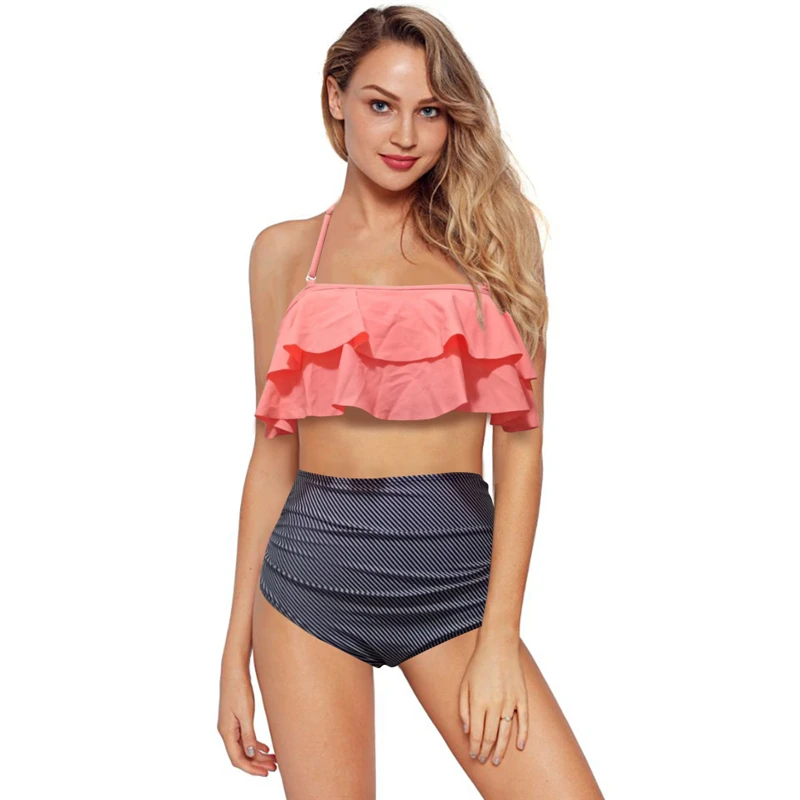 Женский комплект бикини с открытыми плечами оборками высокой талией купальный