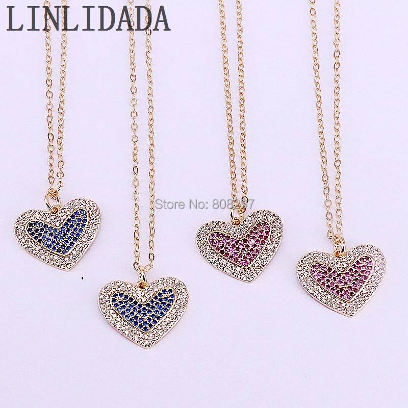 

Wholesale 6Pcs Charm Micro Pave Cubic Zirconia Heart Shape Gold Charm Necklace, Fashion Jewelry
