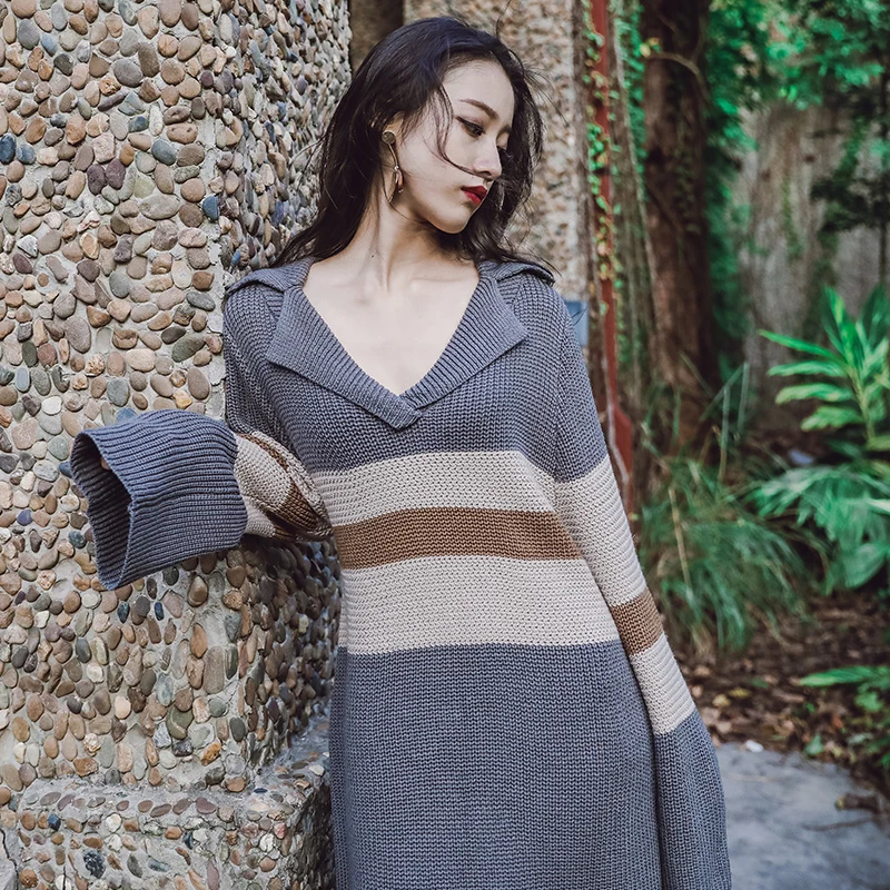 Женское зимнее винтажное Полосатое вязаное платье-свитер 2019 новые свободные