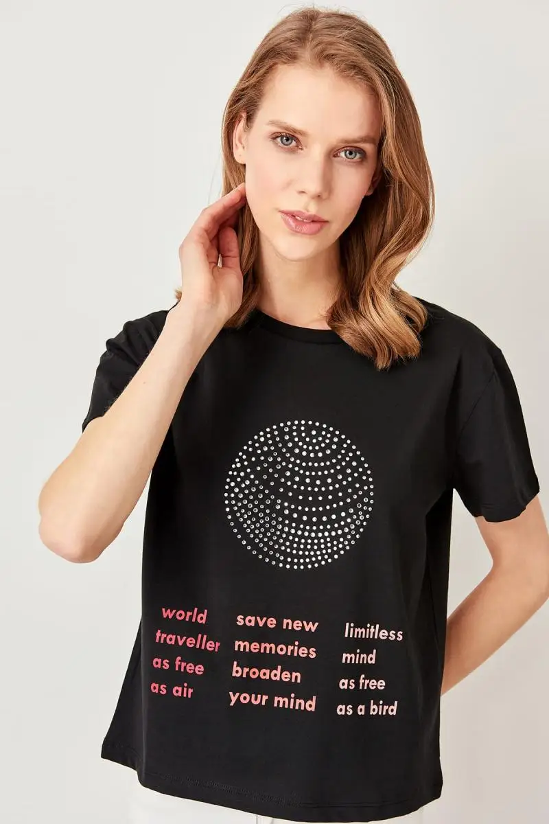 Trendyol черный камень печатных Базовые Трикотажные футболки TWOSS19TC0013 | Женская