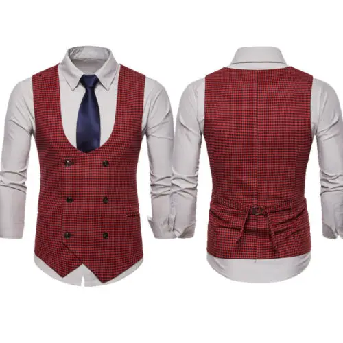 Latest Double-Breasted Slim Men Vest Check Cotton Gentleman Formal Waistcoats Tuxedo Wedding Casual Coat Plus Size | Мужская одежда