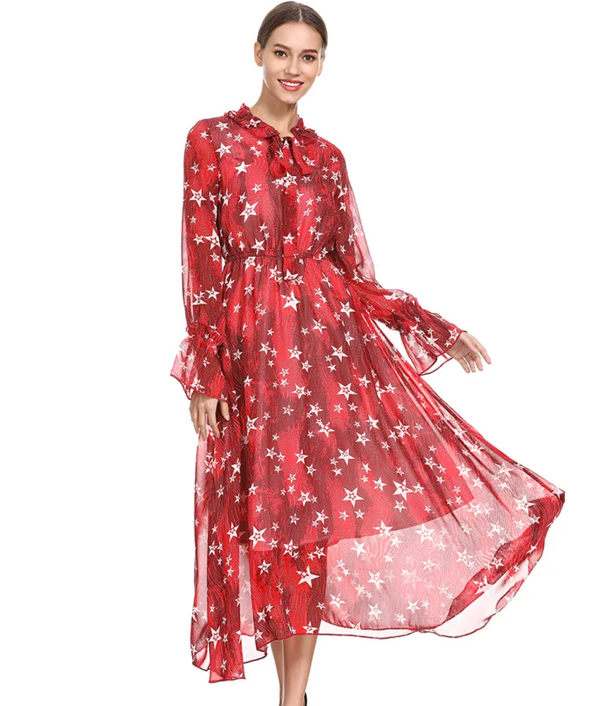 Женское шифоновое платье с принтом подиумное красное пляжное пятиконечными