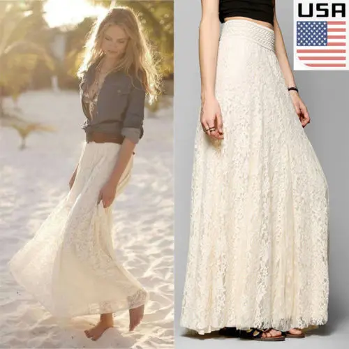 

USA Women Double Lace Layer Chiffon Pleated Long Maxi Dress Elastic Waist Skirt