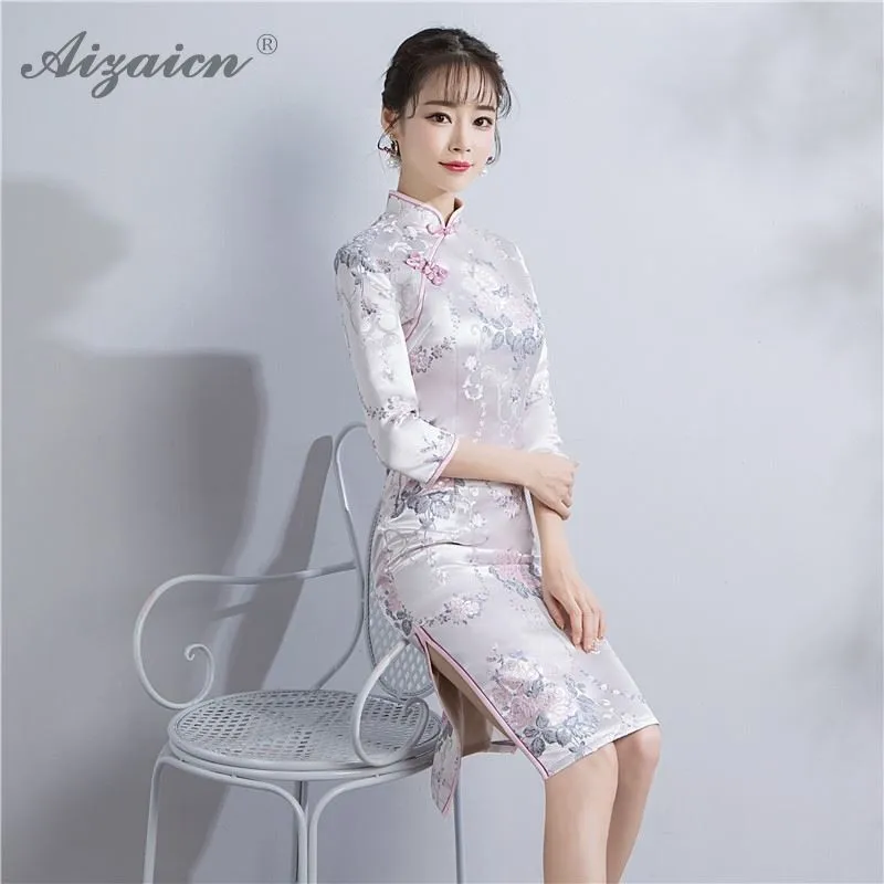 Весеннее жаккардовое плетение гобелен Атлас Qipao вышивка длинное китайское