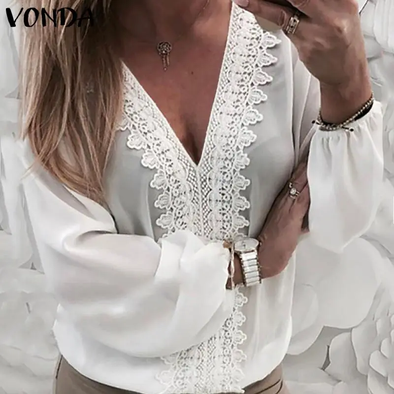 VONDA, женская сексуальная Длинная блузка с рукавом-фонариком и v-образным вырезом на спине, открытая кружевная блузка рубашка с вышивкой, офисные женские топы, весенние повседневные свободные блузки 7