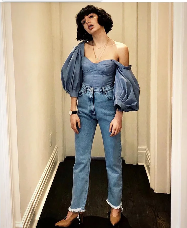 Весна и лето 2019 фонарь рукав синие женские рубашки топы с открытыми плечами Топ