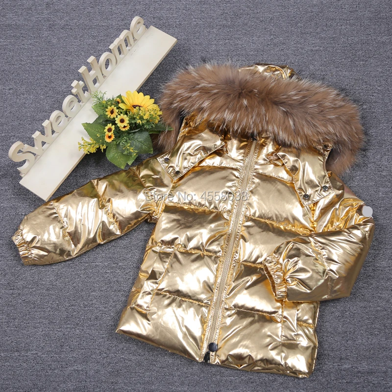 Зимнее пальто для девочек парка Детский пуховик золотого и серебряного цвета