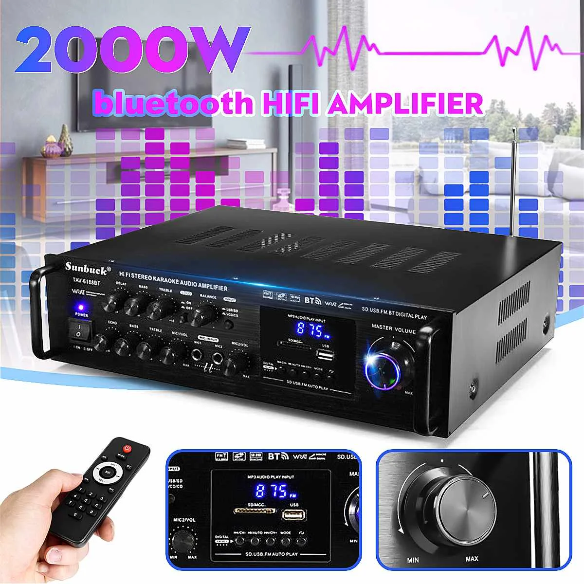 

Усилитель мощности стерео аудио, bluetooth, 4 Ом, 2000 Вт, 110 В, 220 В