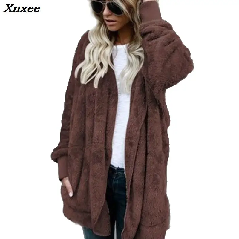 New Fashion Spring Faux Fur Warm winter coats on both sides Jacket Women Open Stitch Hooded Coat Female Long Sleeve Fuzzy | Женская
