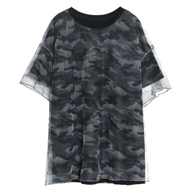 CHICEVER летняя камуфляжная Лоскутная сетчатая женская футболка с круглым вырезом и