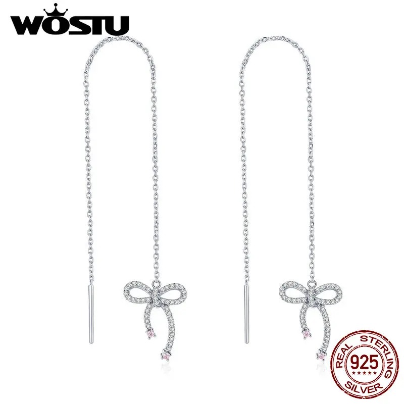 WOSTU,, настоящее 925 пробы, серебряные, бант, длинная линия, серьги для женщин, серьги-кольца с цирконом, для свадьбы, серебро, 925, ювелирное изделие, CTE047