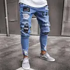 Мужские Модные Винтажные рваные джинсы, супер облегающие зауженные джинсовые брюки на молнии, потертые брюки, брюки в готическом стиле с мультяшным рисунком