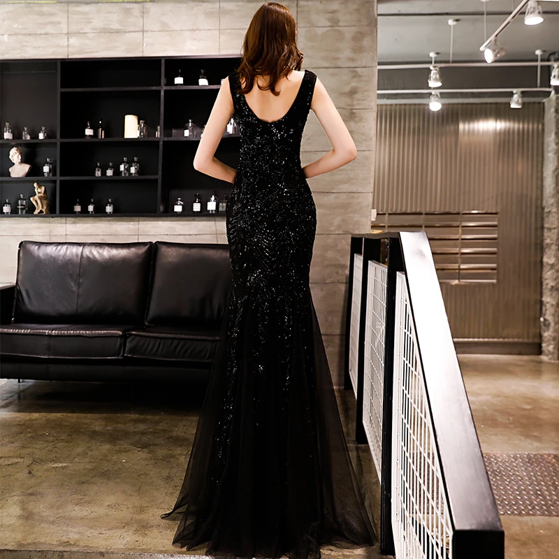 SSYFashion/Новое Сексуальное вечернее платье Русалочки с Черными Блестками в пол без