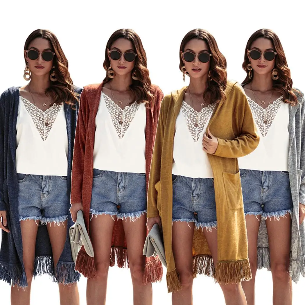 Women Fashion Casual Solid Tassels Hooded Tassel Pocket Cardigan Coat Winter Outwear Spring/Autumn/Winter |