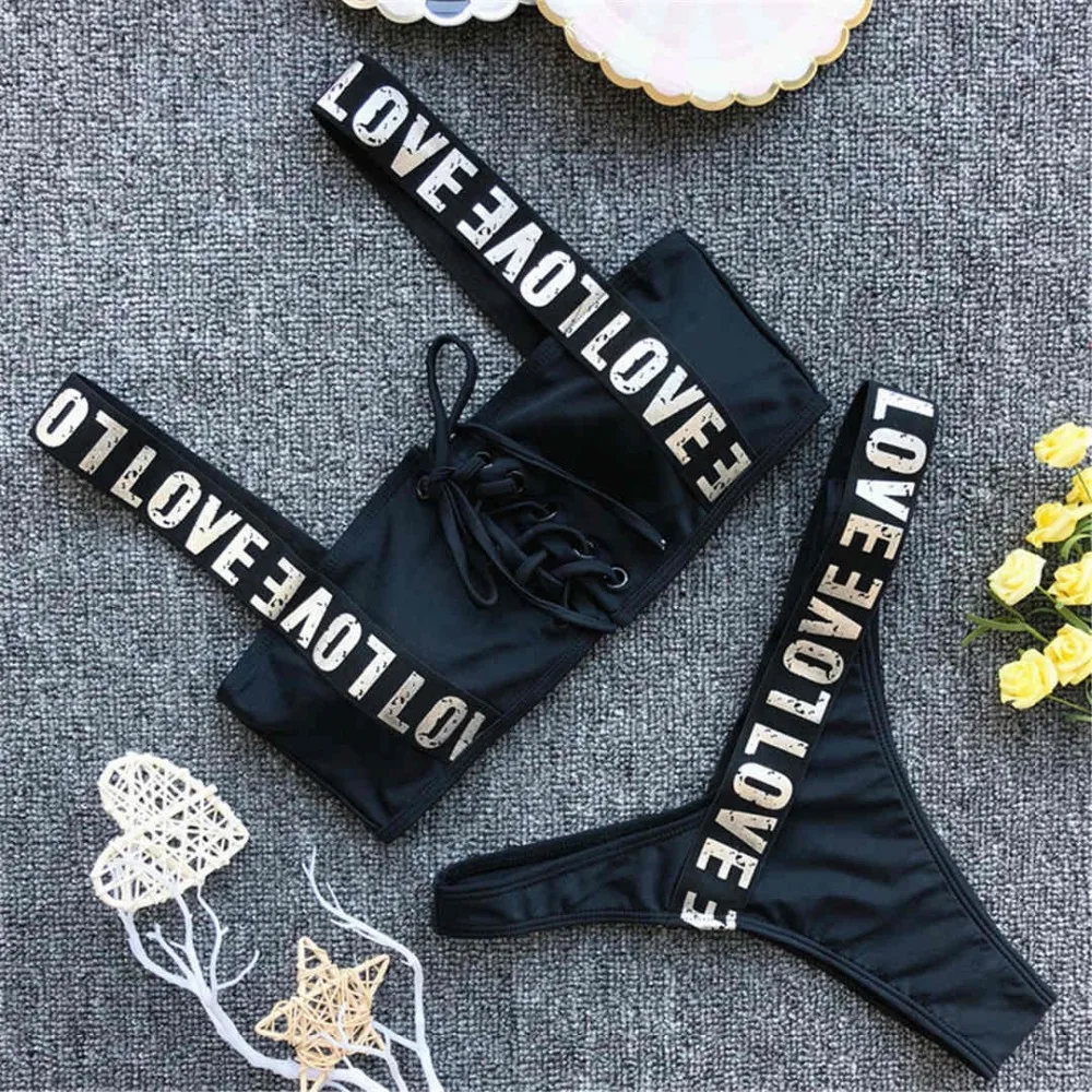 MUXILOVE 2019 Letter Printed Brazilian Bikini Women Swimwear Female Swimsuit Two-pieces set Lace Up Bather Bathing Suit |