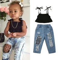2019 hot fashion streetwear toddler kids baby girls belt vest topsripped fish net denim pants outfits clothes 1 6t