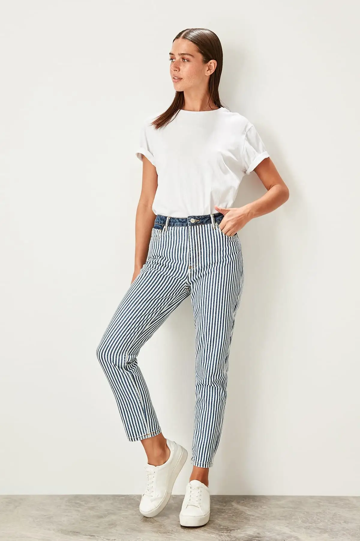 Синие полосатые джинсы в винтажном стиле с завышенной талией на молнии| |